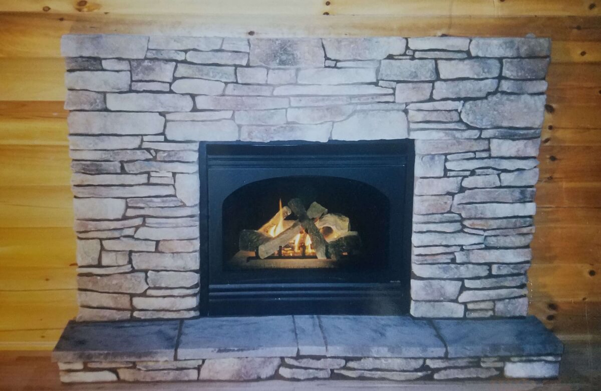 Sandstone fireplace.